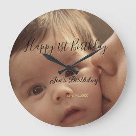 Reloj Redondo Grande Happy 1st birthday name photo date stylish calligr