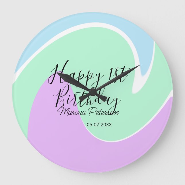 Reloj Redondo Grande Happy 1st birthday pink green blue acrylic pour  (Anverso)