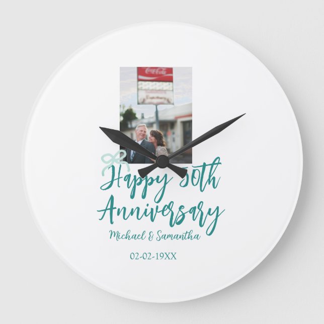 Reloj Redondo Grande Happy 50th anniversary photo turquoise bow name da (Anverso)