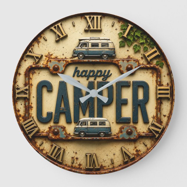 Reloj Redondo Grande Happy Camper RV Adventure Gift Rustic Cabin (Anverso)