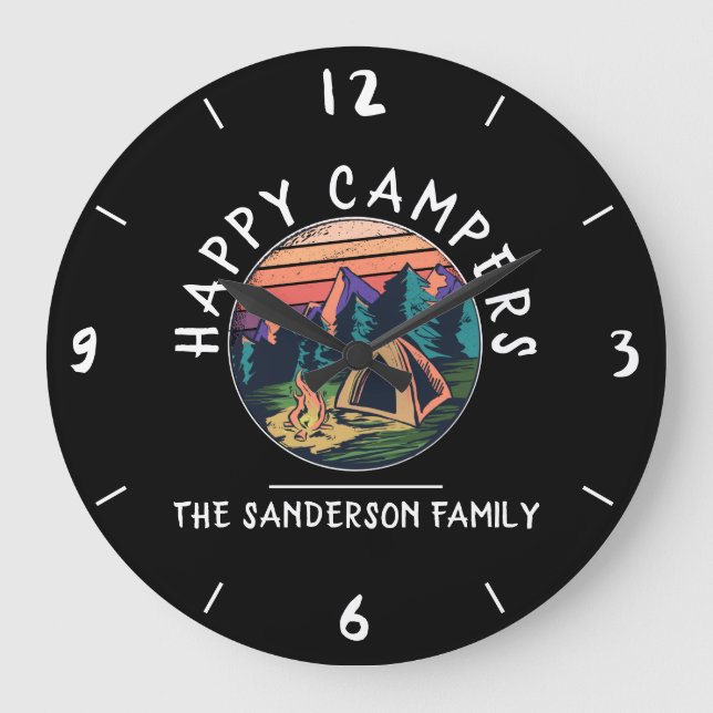 Reloj Redondo Grande Happy Campers Tent Personalizado Family Name Campi (Anverso)