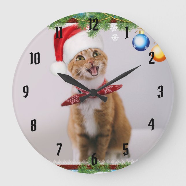 Reloj Redondo Grande Happy cat in red christmas hat (Anverso)