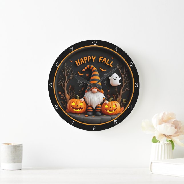 Reloj Redondo Grande Happy Fall Gnome Ghost Autumn Scene (Hogar)