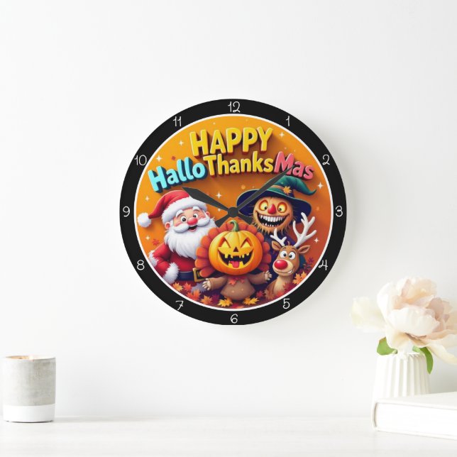 Reloj Redondo Grande Happy HalloThanksMas Festive Holiday Celebration (Hogar)