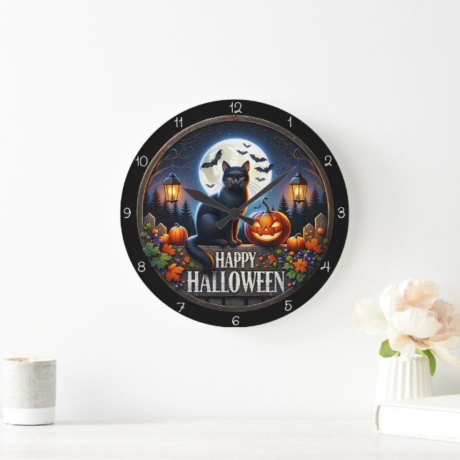 Reloj Redondo Grande Happy Halloween Cat Pumpkin Full Moon (Hogar)
