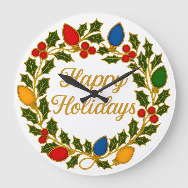 Reloj Redondo Grande Happy Holidays Wreath Christmas Lights and Holly (Anverso)