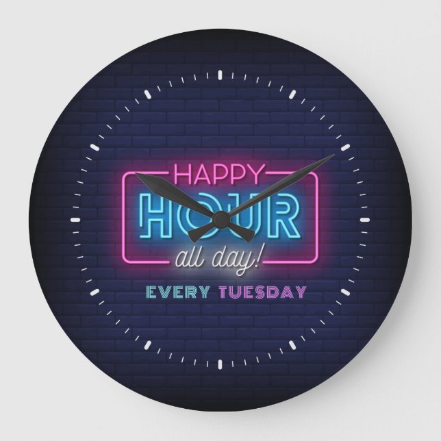 Reloj Redondo Grande Happy Hour All Day Neon Rótulo Personalizado Texto (Anverso)