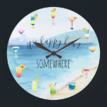 Reloj Redondo Grande Happy Hour en algún lugar tropical de cóctel color<br><div class="desc">Este diseño se creó a través del arte digital, puede ser personalizado en el área de proporcionar o personalizar eligiendo la opción de hacer clic para personalizar y cambiando el nombre, iniciales o palabras. También puede cambiar el color y estilo del texto o eliminar el texto de un diseño de...</div>