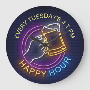 Reloj Redondo Grande Happy Hour Neon Rótulo Style Text Bebe Stain