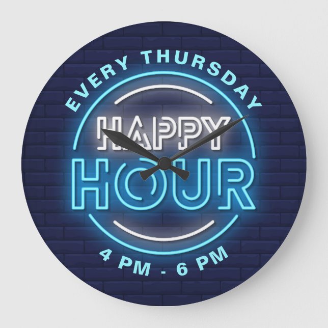 Reloj Redondo Grande Happy Hour Neon Rótulo Style Textos (Anverso)