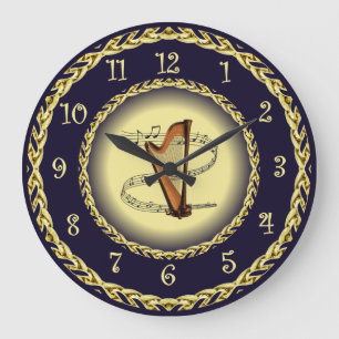 Reloj Redondo Grande Harp ~ Musical Scroll ~ Oro/Azul marino ~