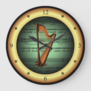 Reloj Redondo Grande Harp on Sheet Music ~ Green on Gold Background ~