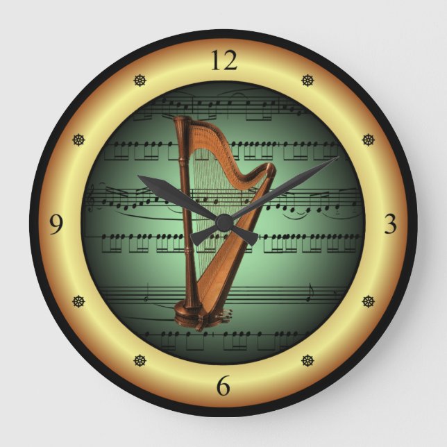 Reloj Redondo Grande Harp on Sheet Music ~ Green on Gold Background ~   (Anverso)