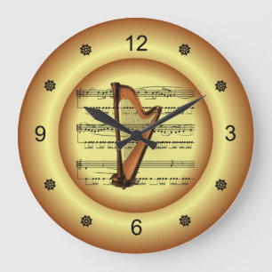 Reloj Redondo Grande ~ Harp ~ Sheet Music ~ Gold Background ~