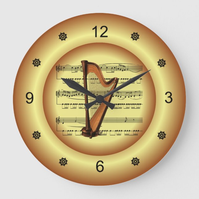 Reloj Redondo Grande ~ Harp ~ Sheet Music ~ Gold Background ~ (Anverso)