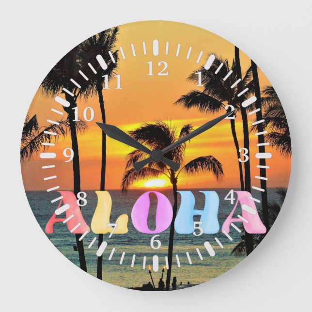 Reloj Redondo Grande Hawaii Tropical Ocean Palm Tree Sunset (Anverso)