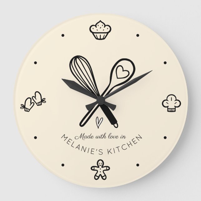 Reloj Redondo Grande Hecho con amor Cute Baking Whisk Amarillo pálido (Anverso)