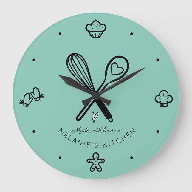Reloj Redondo Grande Hecho con amor Cute Baking Whisk Azul Verde azulad (Anverso)