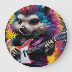 Reloj Redondo Grande Hedgehog toca la guitarra, graffiti de rock