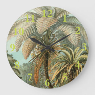 Reloj Redondo Grande Helechos Palma Árbol Antiguo Arte Botánico Helecho