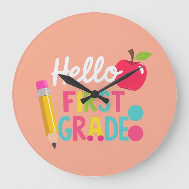 Reloj Redondo Grande Hello First Grade Team 1st Grade Back to School (Anverso)