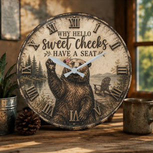 Reloj Redondo Grande Hello Sweet Cheeks Rustic Bear Funny Lake Cabin