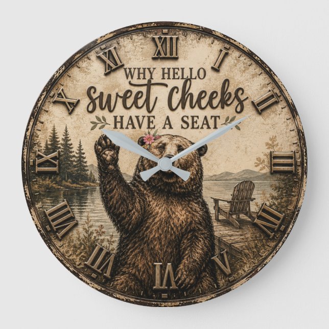 Reloj Redondo Grande Hello Sweet Cheeks Rustic Bear Funny Lake Cabin (Anverso)