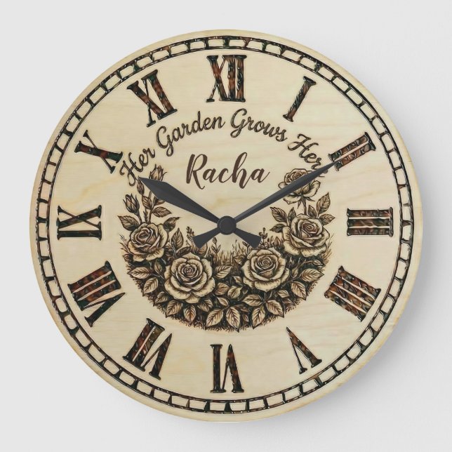Reloj Redondo Grande Her Garden Grows Here | Custom Name wall clock  (Anverso)