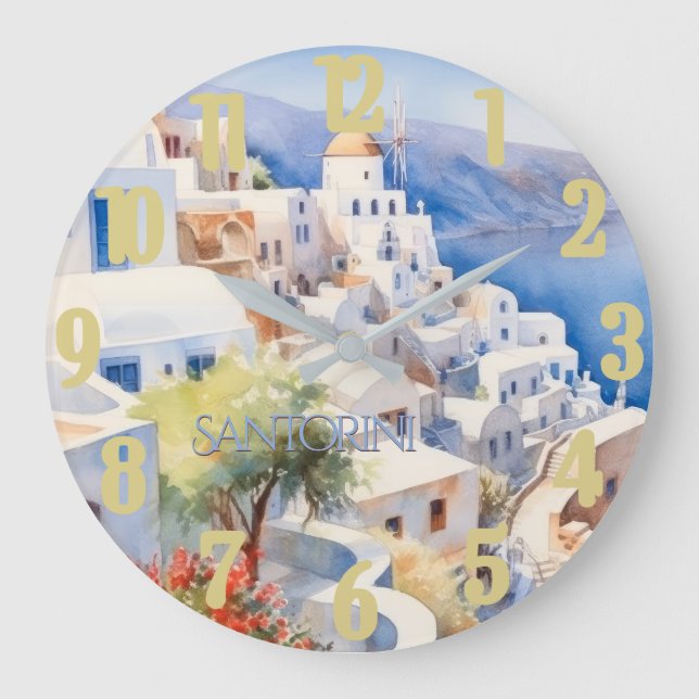 Reloj Redondo Grande Hermosa acuarela Santorini Grecia Viaje (Anverso)