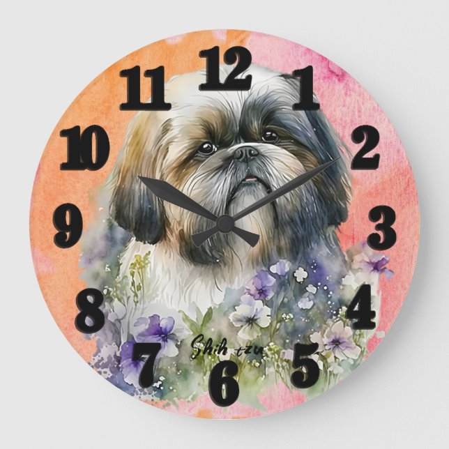Reloj Redondo Grande Hermosa acuarela Shih tzu Dog (Anverso)
