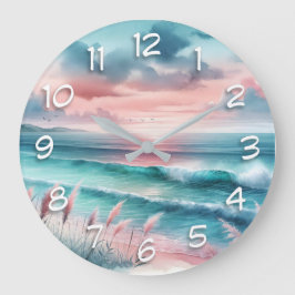 Reloj Redondo Grande Hermosa escena oceánica en rosa y azul
