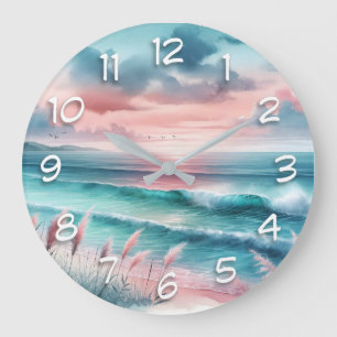 Reloj Redondo Grande Hermosa escena oceánica en rosa y azul