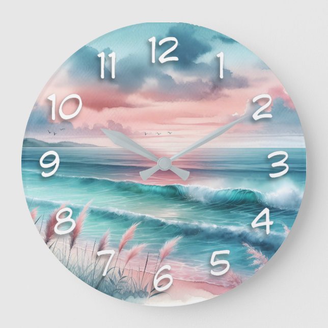 Reloj Redondo Grande Hermosa escena oceánica en rosa y azul (Anverso)