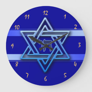 Reloj Redondo Grande Hermosa estrella de David sobre fondo azul judío
