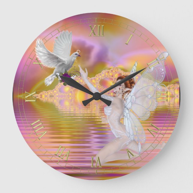 Reloj Redondo Grande Hermosa Faerie y Dove Fractal Water Wall Clock (Anverso)