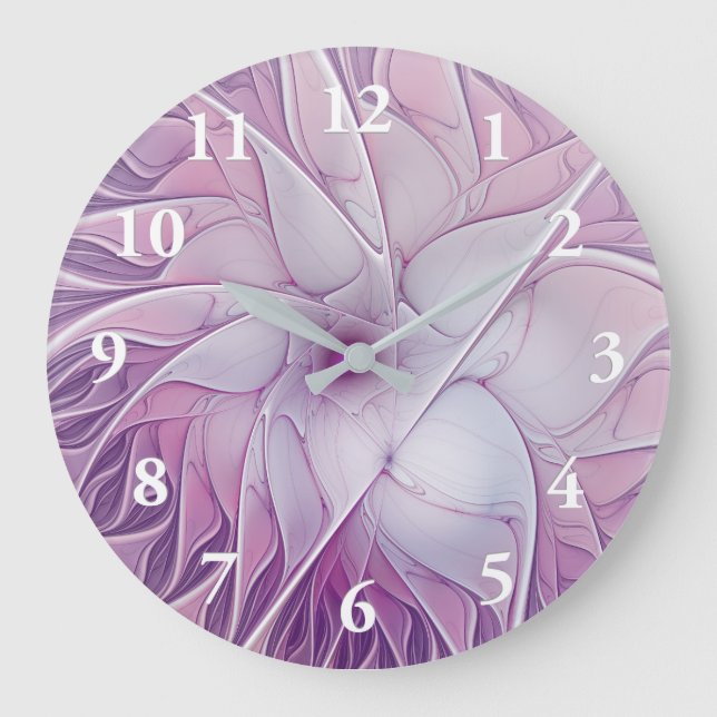 Reloj Redondo Grande Hermosa Flor Rosa Moderna Resumen Arte Fractal (Anverso)