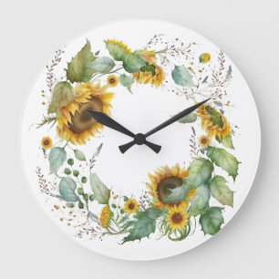 Reloj Redondo Grande Hermosa Ilustración de Corona de Girasoles