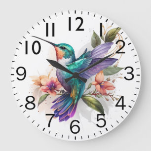 Reloj Redondo Grande Hermosa impresión de colibrí en acuarela vibrante