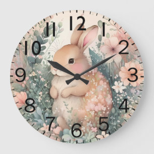 Reloj Redondo Grande Hermosa impresión de conejo en acuarela vibrante