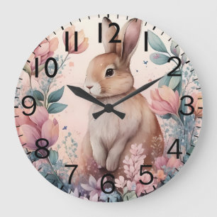 Reloj Redondo Grande Hermosa impresión de conejo en acuarela vibrante