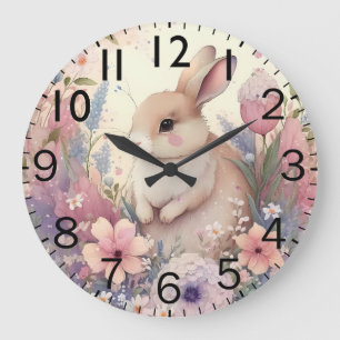 Reloj Redondo Grande Hermosa impresión de conejo en acuarela vibrante