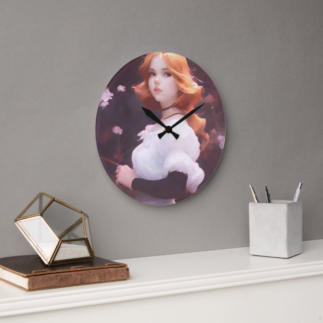 Reloj Redondo Grande Hermosa joven Chica entre retrato de flores rosas (Oficina)