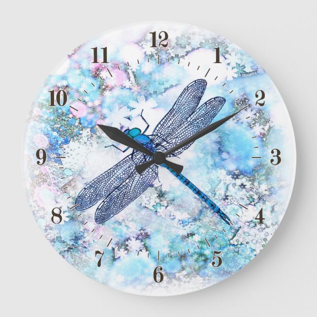 Reloj Redondo Grande Hermosa libélula azul (Anverso)