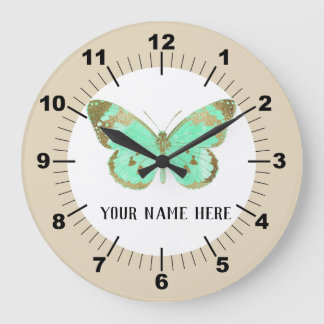 Reloj Redondo Grande Hermosa mariposa acuática y dorada