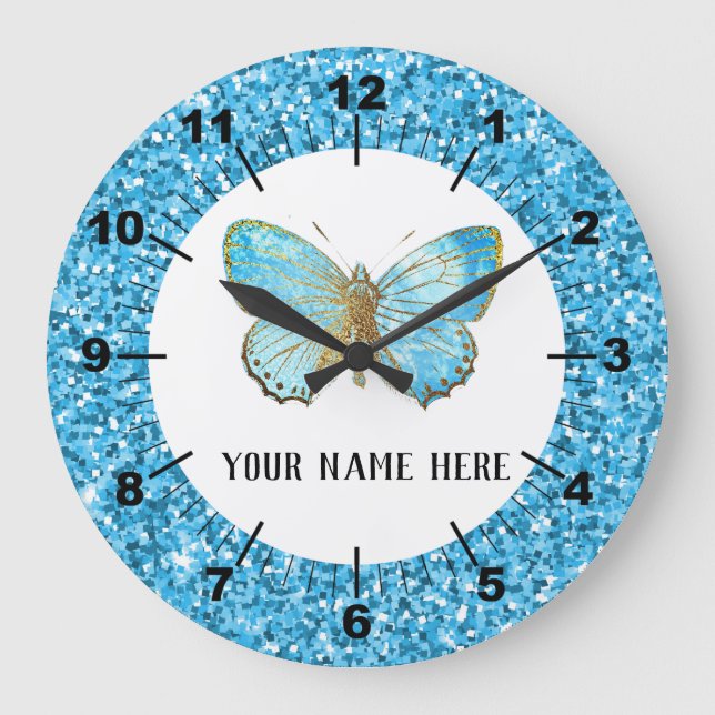 Reloj Redondo Grande Hermosa mariposa azul (Anverso)