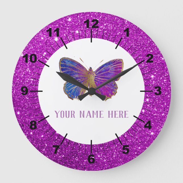 Reloj Redondo Grande Hermosa mariposa morada y dorada (Anverso)