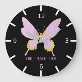 Reloj Redondo Grande Hermosa mariposa morada y dorada personalizada