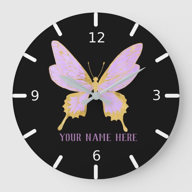 Reloj Redondo Grande Hermosa mariposa morada y dorada personalizada (Anverso)