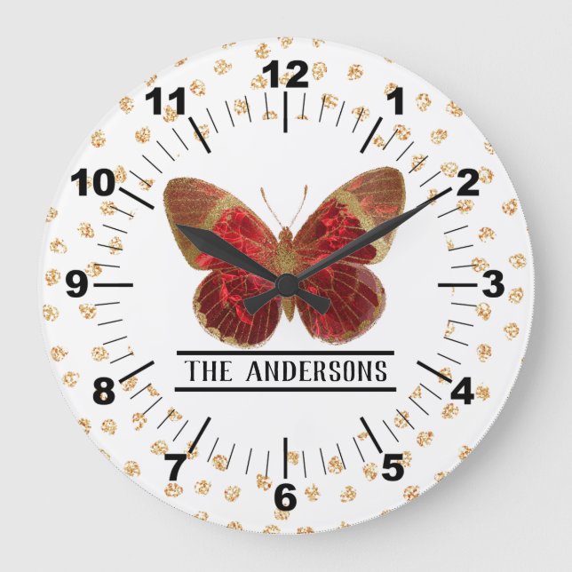 Reloj Redondo Grande Hermosa mariposa Rosa roja y dorada (Anverso)