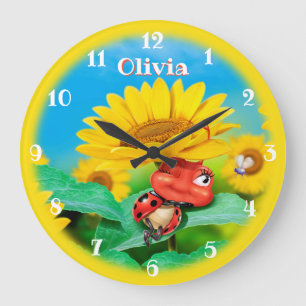 Reloj Redondo Grande Hermosa mariquita durmiendo en girasoles.
